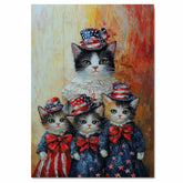 Mother Cat and Three Kittens Dressed in Patriotic Red White and Blue Outfits with Stars and Bows in Oil Painting Style on Ready to Hang 1.5" Thick Canvas Wrap, Floating Framed Canvas, Flat Rolled Canvas